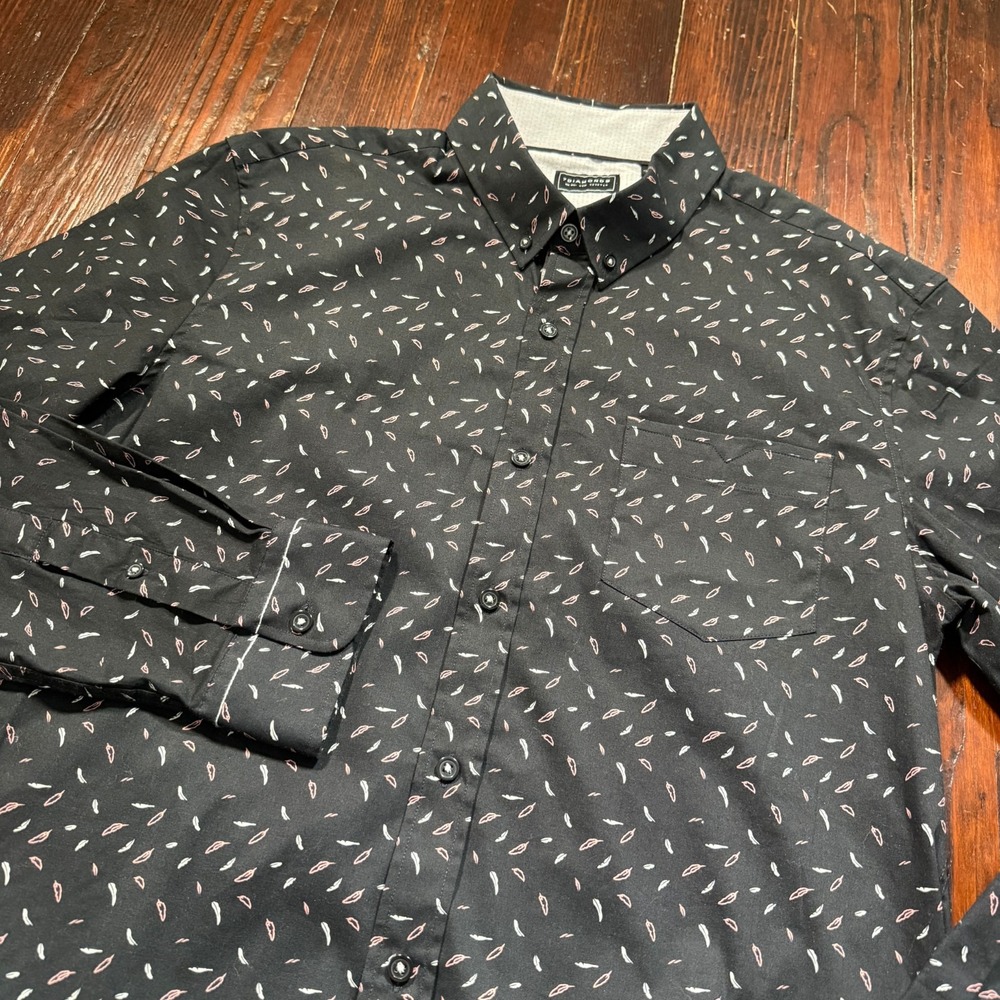 7Diamonds Shirt Mens Medium Black Feathers AOP Button Up Stretch Micro Print
